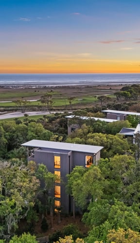 Aerial view of Kiawah Island homes among live oaks with the Atlantic at sunset